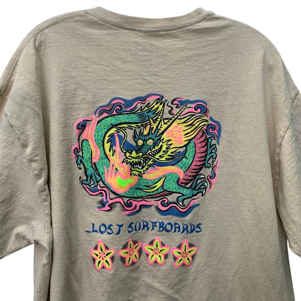 Lost Enterprises Mens XL Cotton Lost Surfboards TShirt Neon Orange Biege Shirt